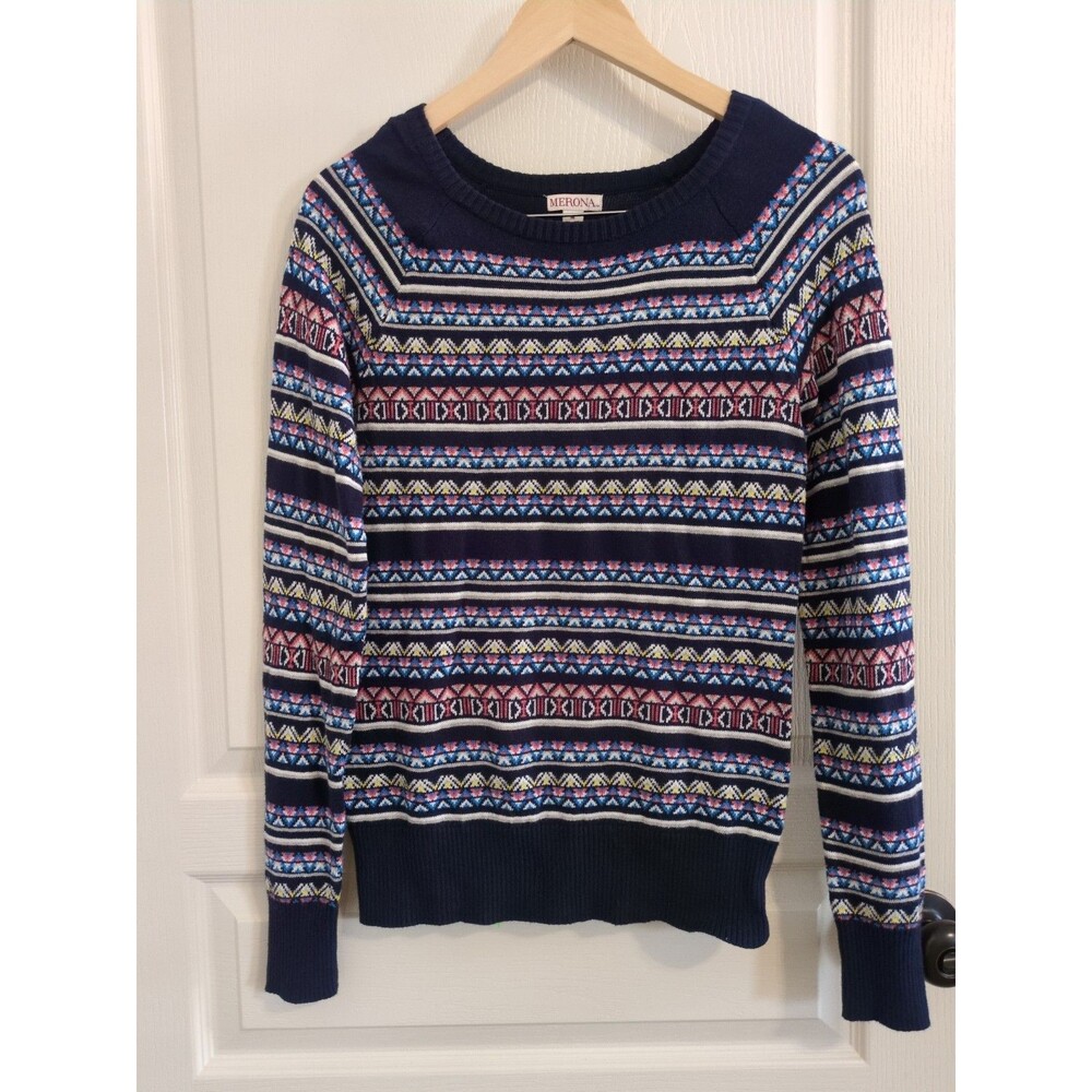 Merona Women's Knit Sweater Size Medium Blue Fair Isle Cottagecore Nordic